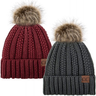 Skullies & Beanies Thick Cable Knit Hat Faux Fur Pom Fleece Lined Cap Cuff Beanie 2 Pack - Dk Melange/Burgundy - C719252GWU3 ...