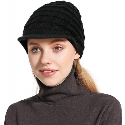 Skullies & Beanies Womens Winter Warm Ribbed Beanie Hat with Brim- Girls Knit Visor Pom Pom Ski Cap - 4 - CD192NW6RDX $10.01