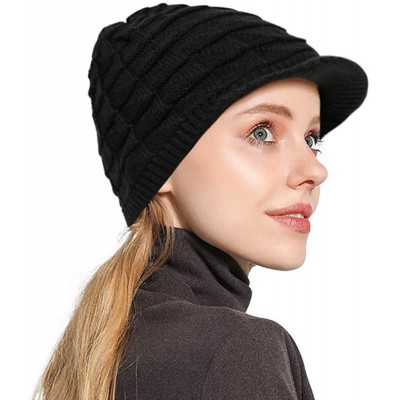 Skullies & Beanies Womens Winter Warm Ribbed Beanie Hat with Brim- Girls Knit Visor Pom Pom Ski Cap - 4 - CD192NW6RDX $10.01