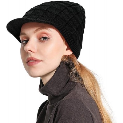 Skullies & Beanies Womens Winter Warm Ribbed Beanie Hat with Brim- Girls Knit Visor Pom Pom Ski Cap - 4 - CD192NW6RDX $10.01