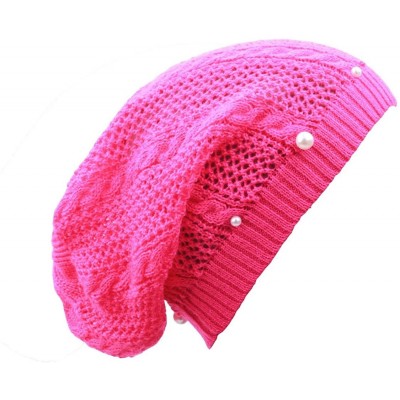 Skullies & Beanies Knit Crochet Hat Light Beanie Style Knitted Cap Women Girl Thin Hollow Braid - Hot Pink - C818ERXL78U $10.21
