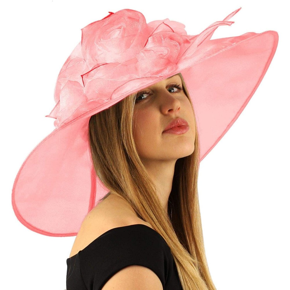 Sun Hats Scarlet Kentucky Derby Floppy Rose Floral 7" Wide Brim Organza Church Hat - Solid Pink - CP18OQEHOH5 $39.23