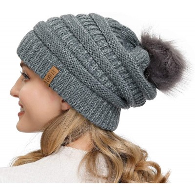 Skullies & Beanies Slouchy Beanie for Women Winter Hats Knit Warm Skull Ski Cap Faux Fur Pom Pom Hat Warm Ski Baggy Cap - CE1...