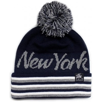 Skullies & Beanies Sk930 Stripe Script City Pom Knit Beanie Hat -New York - Navy/Light Grey - CG11GHE74RH $13.70