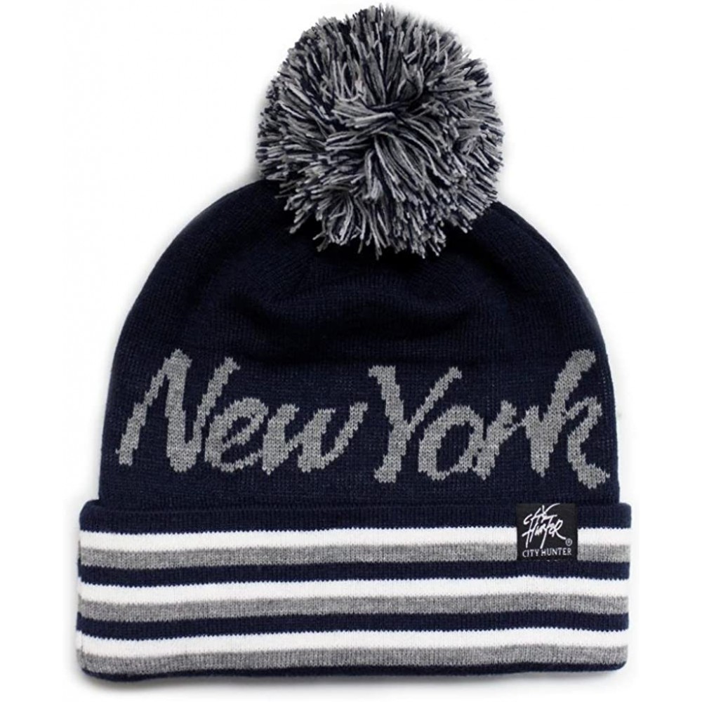 Skullies & Beanies Sk930 Stripe Script City Pom Knit Beanie Hat -New York - Navy/Light Grey - CG11GHE74RH $13.70