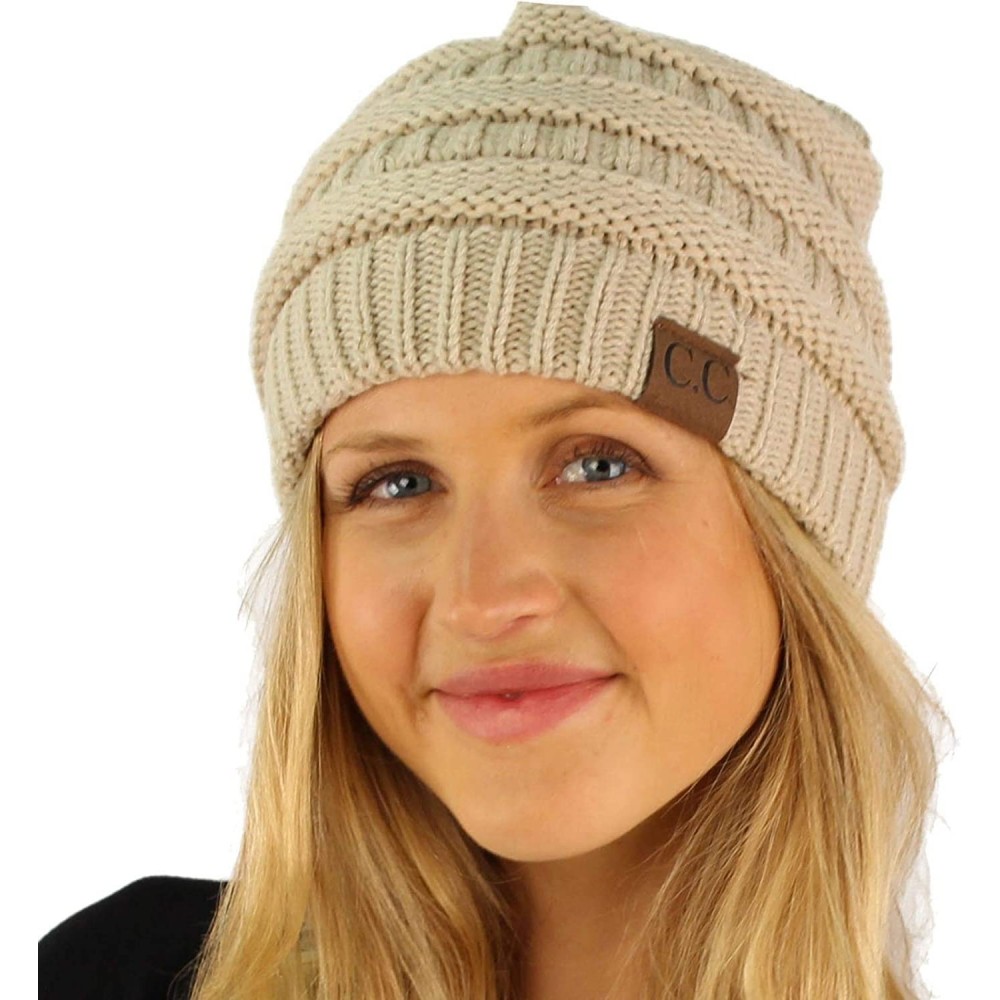 Skullies & Beanies Fleeced Fuzzy Lined Unisex Chunky Thick Warm Stretchy Beanie Hat Cap - Solid Beige - CJ18IT3M4Y2 $15.80