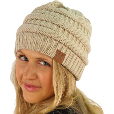 Skullies & Beanies Fleeced Fuzzy Lined Unisex Chunky Thick Warm Stretchy Beanie Hat Cap - Solid Beige - CJ18IT3M4Y2 $15.80