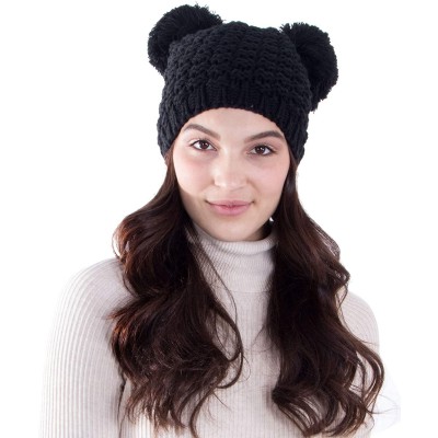 Skullies & Beanies Women's Winter Chunky Knit Double Pom Pom Beanie Hat - Black - CL18KNUARXZ $13.02