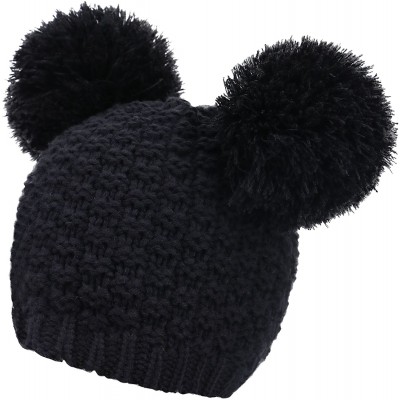 Skullies & Beanies Women's Winter Chunky Knit Double Pom Pom Beanie Hat - Black - CL18KNUARXZ $13.02