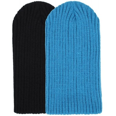 Skullies & Beanies 2 Pack Solid Color Blank Long Cuff Daily Stretch Knit Winter Beanies - Black & Blue - C111NVE6ES1 $34.67
