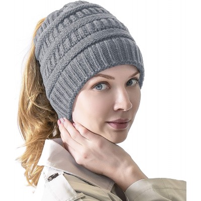 Skullies & Beanies Women's Knitted Messy Bun Hat Ponytail Beanie Baggy Chunky Stretch Slouchy Winter - Gray - CY18YTLHO8T $11.56