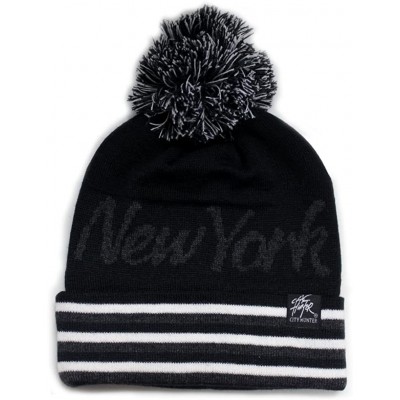 Skullies & Beanies Sk930 Stripe Script City Pom Knit Beanie Hat -New York - Black/Grey - CE11GHE73EB $16.41