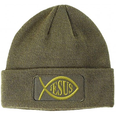 Skullies & Beanies Custom Patch Beanie Jesus Fish Christian Christ Embroidery Acrylic - Olive Green - C718A6IUU95 $21.19