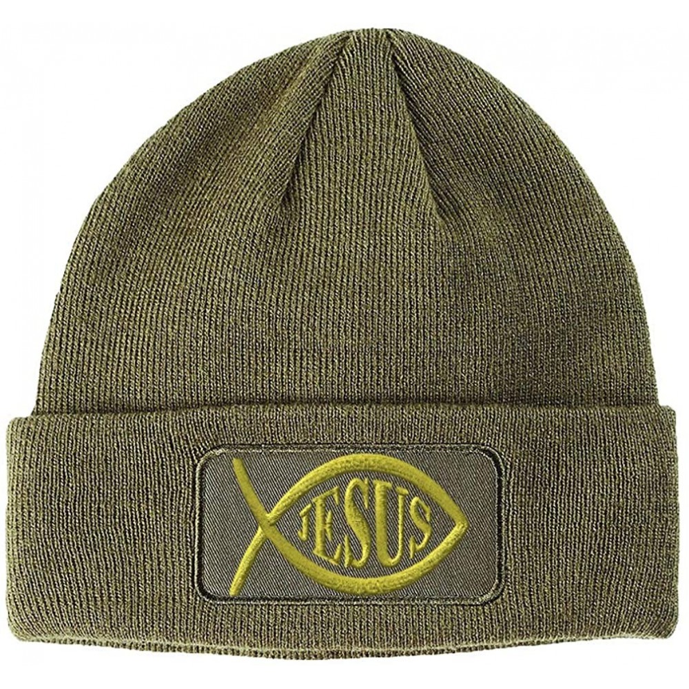 Skullies & Beanies Custom Patch Beanie Jesus Fish Christian Christ Embroidery Acrylic - Olive Green - C718A6IUU95 $21.19