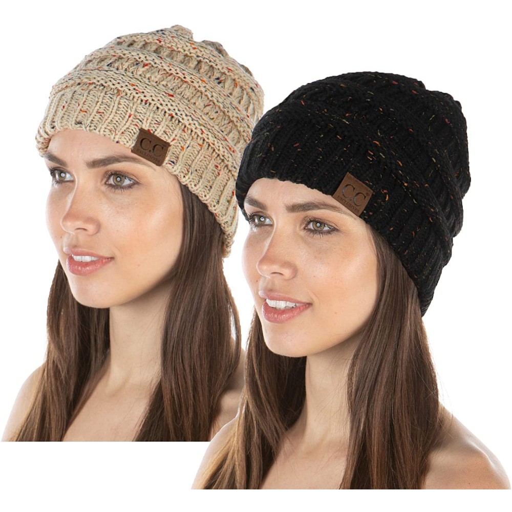 Skullies & Beanies Exclusives Womens Beanie Solid Ribbed Knit Hat Warm Soft Skull Cap - 2 Pack - Confetti Black & Confetti La...