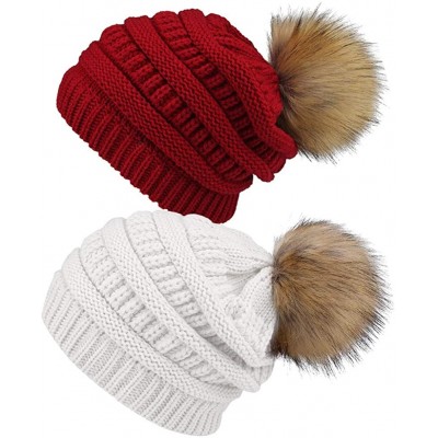 Skullies & Beanies Slouchy Winter Knit Beanie Cap Chunky Faux Fur Pom Pom Hat Bobble Ski Cap - W-red/White 01 2pcs - C218WKCS...