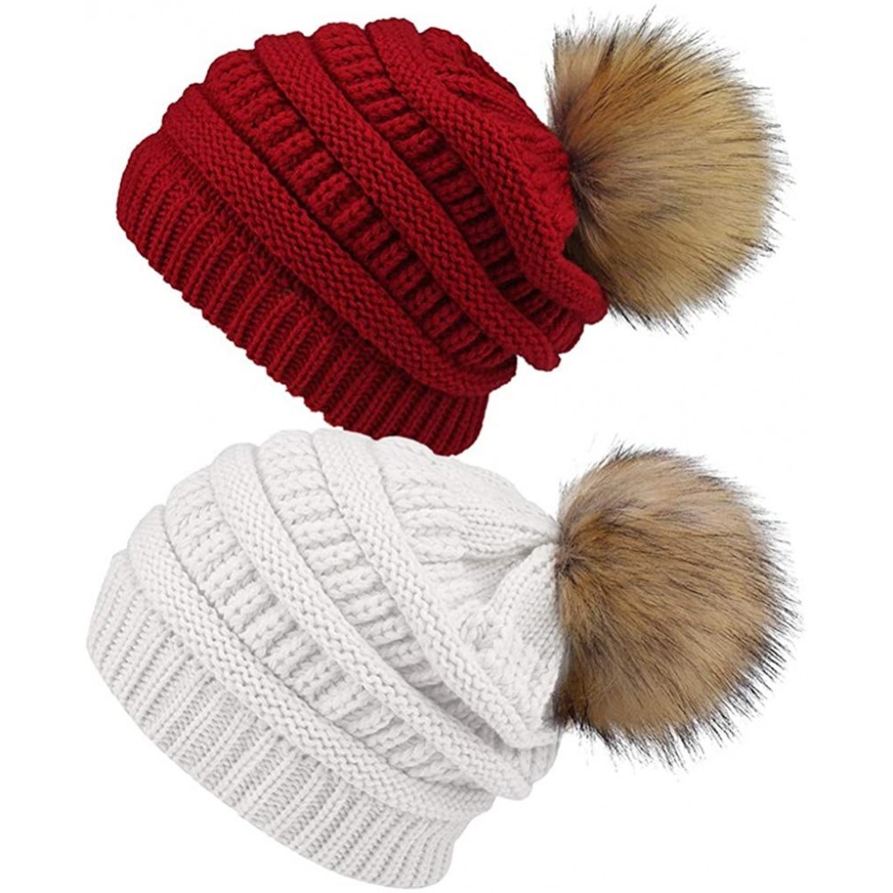 Skullies & Beanies Slouchy Winter Knit Beanie Cap Chunky Faux Fur Pom Pom Hat Bobble Ski Cap - W-red/White 01 2pcs - C218WKCS...