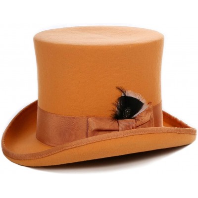 Fedoras Satin Lined Wool Top Hat with Grosgrain Ribbon and Removable Feather - Unisex- Men- Women - Orange - CL11XSJF2SH $39.08