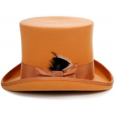 Fedoras Satin Lined Wool Top Hat with Grosgrain Ribbon and Removable Feather - Unisex- Men- Women - Orange - CL11XSJF2SH $39.08