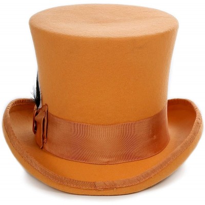 Fedoras Satin Lined Wool Top Hat with Grosgrain Ribbon and Removable Feather - Unisex- Men- Women - Orange - CL11XSJF2SH $39.08