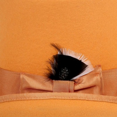 Fedoras Satin Lined Wool Top Hat with Grosgrain Ribbon and Removable Feather - Unisex- Men- Women - Orange - CL11XSJF2SH $39.08