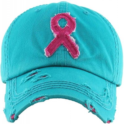 Baseball Caps Women's Breast Cancer Awareness Pink Ribbon Logo Hope Shredded Baseball Hat Cap - Turquoise - CD18QQRSWSG $20.16