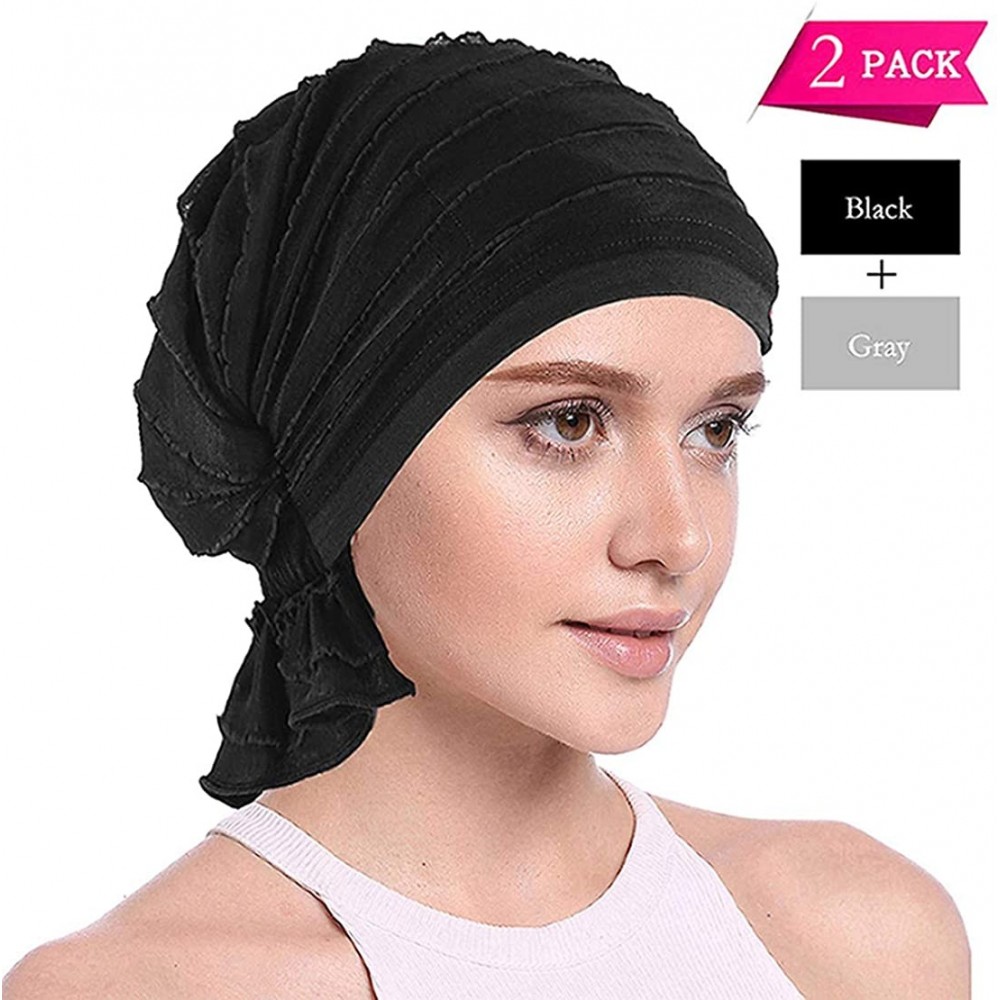 Skullies & Beanies Women Ruffle Chemo Headwear Slip-on Cancer Scarf Stretch Cap Turban for Hair Loss - 2 Pair Basic-black+gre...