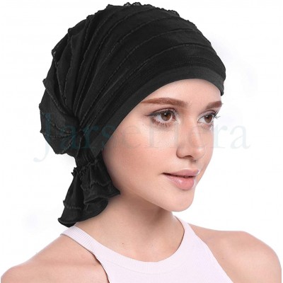 Skullies & Beanies Women Ruffle Chemo Headwear Slip-on Cancer Scarf Stretch Cap Turban for Hair Loss - 2 Pair Basic-black+gre...