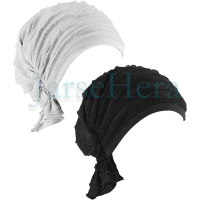 Skullies & Beanies Women Ruffle Chemo Headwear Slip-on Cancer Scarf Stretch Cap Turban for Hair Loss - 2 Pair Basic-black+gre...
