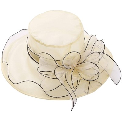 Sun Hats Women Organza Wide Brim Sun Hat with Large Flower Church Party Wedding Cap - Beige B - C118RN5RMEC $34.32
