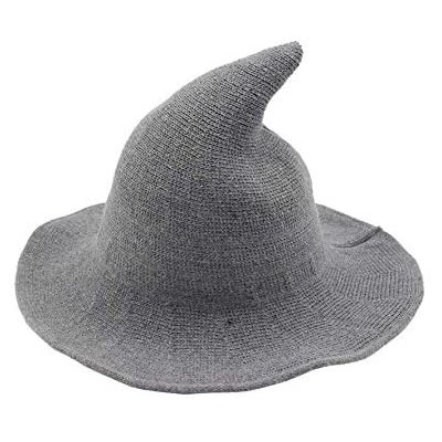 Fedoras US Womens Fashions Cute Wool Big Brimmed Witch Pointed Hats Knitted Wizard's Solid Color Bucket Cap - Light Grey - C5...
