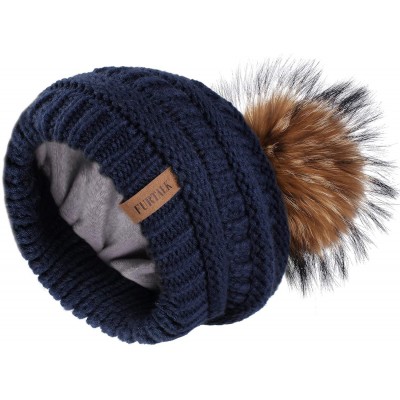 Skullies & Beanies Winter Hats Beanie for Women Lined Slouchy Knit Skiing Cap Real Fur Pom Pom Hat for Girls - C512LWBQENT $4...