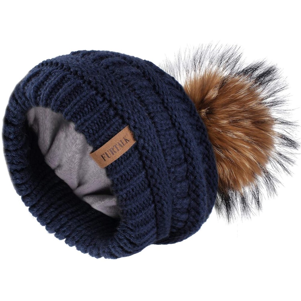 Skullies & Beanies Winter Hats Beanie for Women Lined Slouchy Knit Skiing Cap Real Fur Pom Pom Hat for Girls - C512LWBQENT $1...