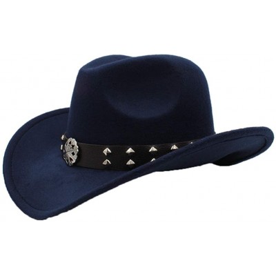Cowboy Hats Straw Western Cowboy Hat Unisex Vintage Wide Brim Sun Hats Outback Hat with Punk Leather Belt - Dark Blue - CR18S...