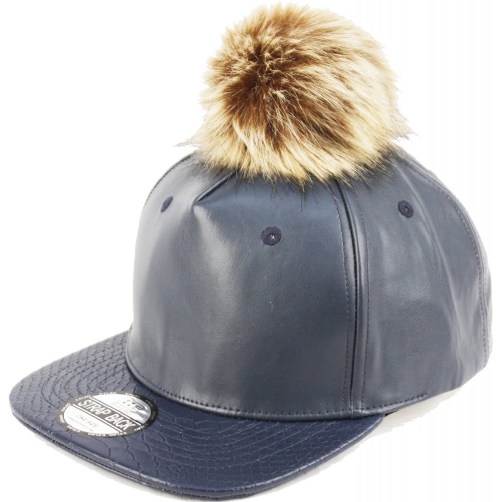 Baseball Caps Pom Pom Baseball Cap/Fuax Leather - Navy - CI129S9FE1Z $22.26