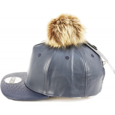 Baseball Caps Pom Pom Baseball Cap/Fuax Leather - Navy - CI129S9FE1Z $22.26