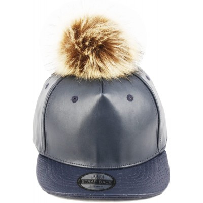 Baseball Caps Pom Pom Baseball Cap/Fuax Leather - Navy - CI129S9FE1Z $22.26