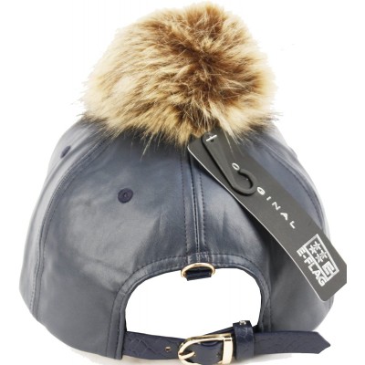 Baseball Caps Pom Pom Baseball Cap/Fuax Leather - Navy - CI129S9FE1Z $22.26