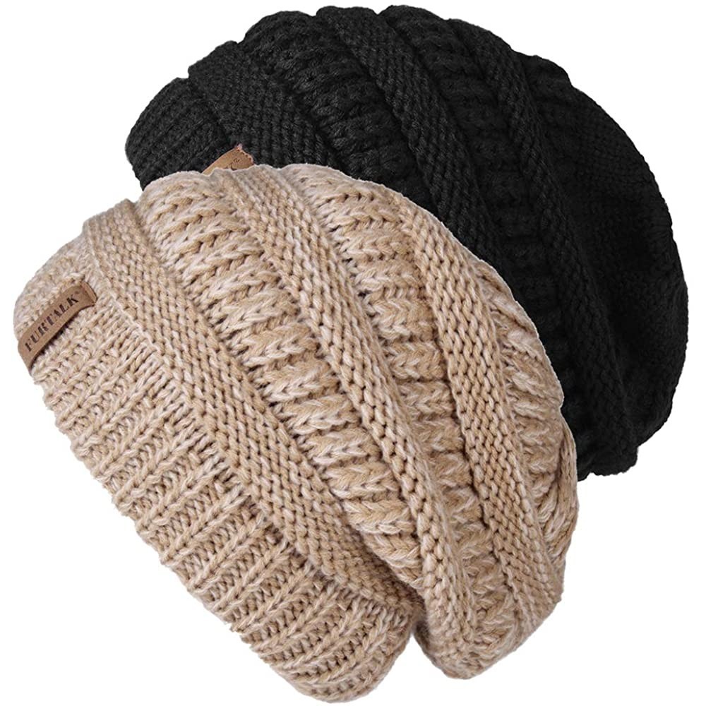 Skullies & Beanies Winter Beanie for Women - 2 Packs Fleece Lined Warm Knit Skull Slouch Beanie Hat - Black & Mixkhaki - CT18...
