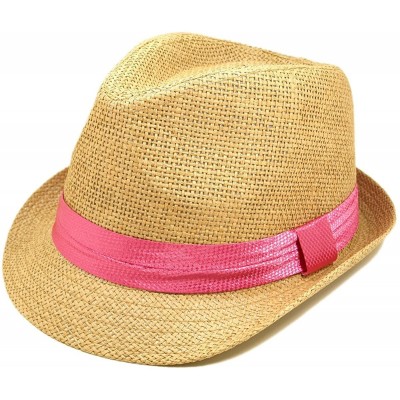 Fedoras Classic Tan Fedora Straw Hat with Pink Band - CN11076FX7J $12.20