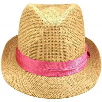 Fedoras Classic Tan Fedora Straw Hat with Pink Band - CN11076FX7J $12.20