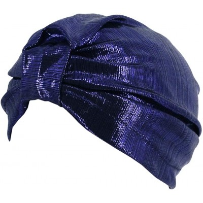 Sun Hats Shiny Metallic Turban Cap Indian Pleated Headwrap Swami Hat Chemo Cap for Women - Sapphire Knot - CS1925DSLT3 $7.92