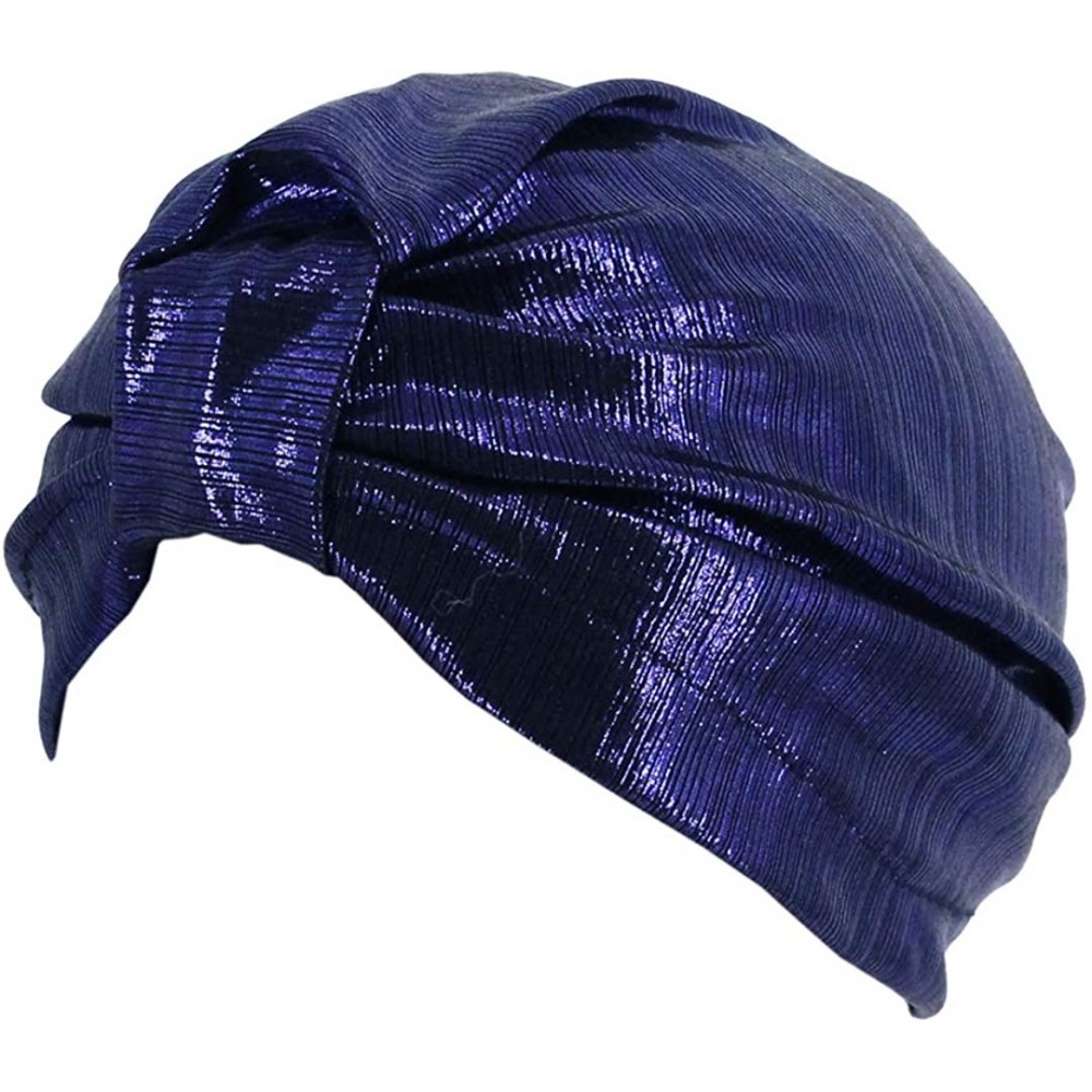 Sun Hats Shiny Metallic Turban Cap Indian Pleated Headwrap Swami Hat Chemo Cap for Women - Sapphire Knot - CS1925DSLT3 $7.92