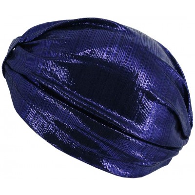 Sun Hats Shiny Metallic Turban Cap Indian Pleated Headwrap Swami Hat Chemo Cap for Women - Sapphire Knot - CS1925DSLT3 $7.92