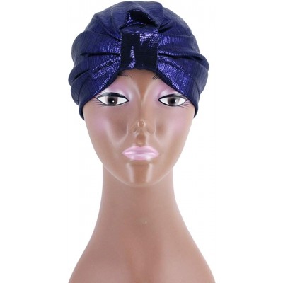 Sun Hats Shiny Metallic Turban Cap Indian Pleated Headwrap Swami Hat Chemo Cap for Women - Sapphire Knot - CS1925DSLT3 $7.92