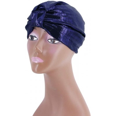Sun Hats Shiny Metallic Turban Cap Indian Pleated Headwrap Swami Hat Chemo Cap for Women - Sapphire Knot - CS1925DSLT3 $7.92