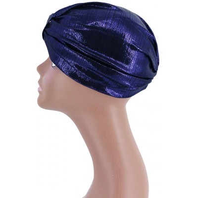 Sun Hats Shiny Metallic Turban Cap Indian Pleated Headwrap Swami Hat Chemo Cap for Women - Sapphire Knot - CS1925DSLT3 $7.92