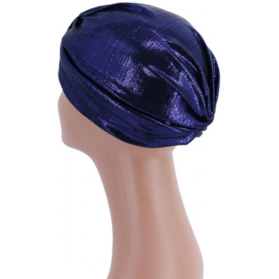 Sun Hats Shiny Metallic Turban Cap Indian Pleated Headwrap Swami Hat Chemo Cap for Women - Sapphire Knot - CS1925DSLT3 $7.92