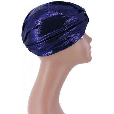 Sun Hats Shiny Metallic Turban Cap Indian Pleated Headwrap Swami Hat Chemo Cap for Women - Sapphire Knot - CS1925DSLT3 $7.92