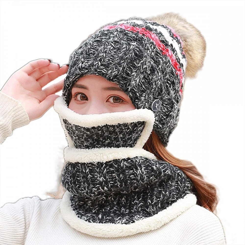 Skullies & Beanies Fleece Lined Knit Beanie Scarf Mouth Mask Set for Girl and Women Winter Ski Hat with Pompom - CY18ZE4MYGC ...